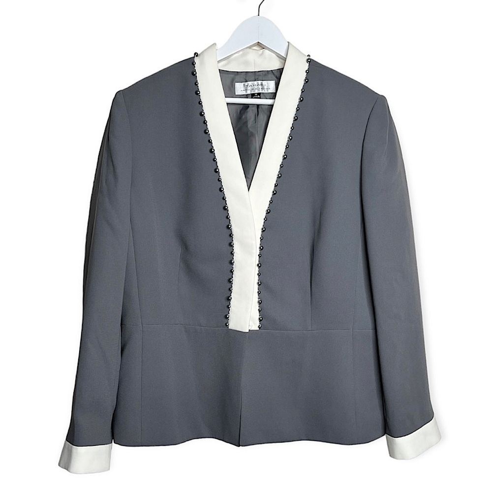 Tahari Arthur S. Levine Pearl‎ Beaded Contrast Blazer Jacket Grey White Size 18